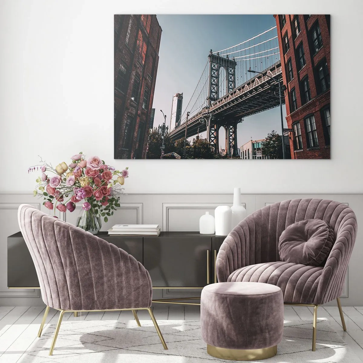 Glass picture - A suspension bridge between brick buildings in an urban setting - 70x50cm - Over the City Waves - Modern wall decoration for the living room and bedroom ARTTOR