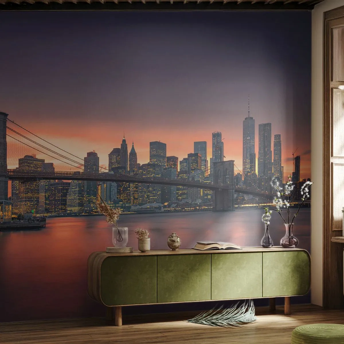 Photo Wallpaper Premium Canvas - Submerged in Lilac Silence - New York, City, Brooklyn Bridge - 100x70 cm