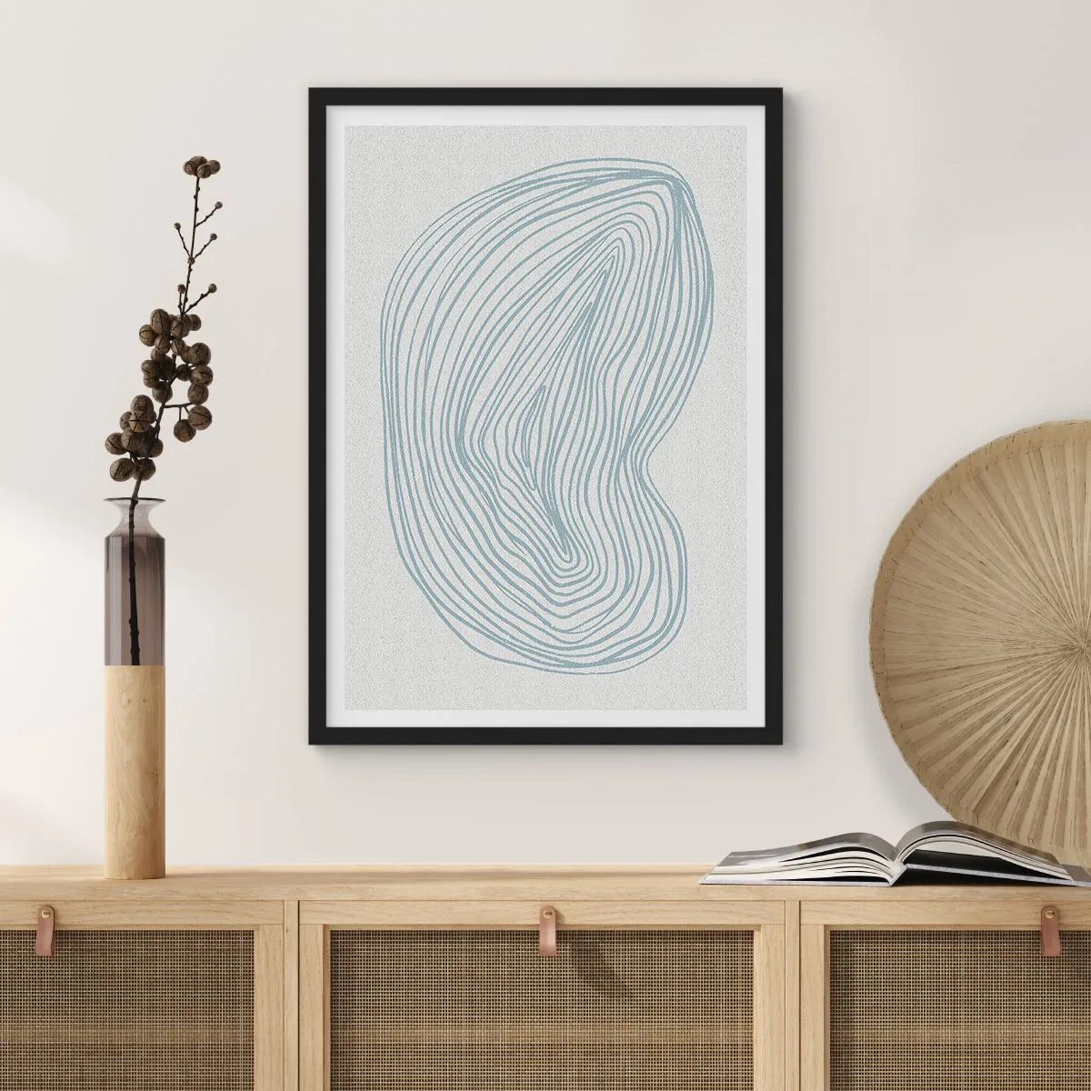 Poster in black frame - A minimalist abstraction with a linear pattern in shades of blue. - 50x70cm - Smile of a Drop - Modern wall decoration for the living room and bedroom ARTTOR