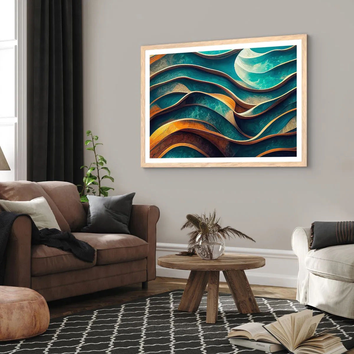 Poster in light oak frame - Meanderings of Blue - 50x40 cm