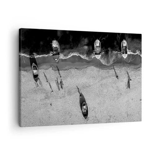 Canvas picture - Aerial black and white view of boats on the beach - 70x50cm - Still on the Shore… - Modern wall decoration for the living room and bedroom ARTTOR