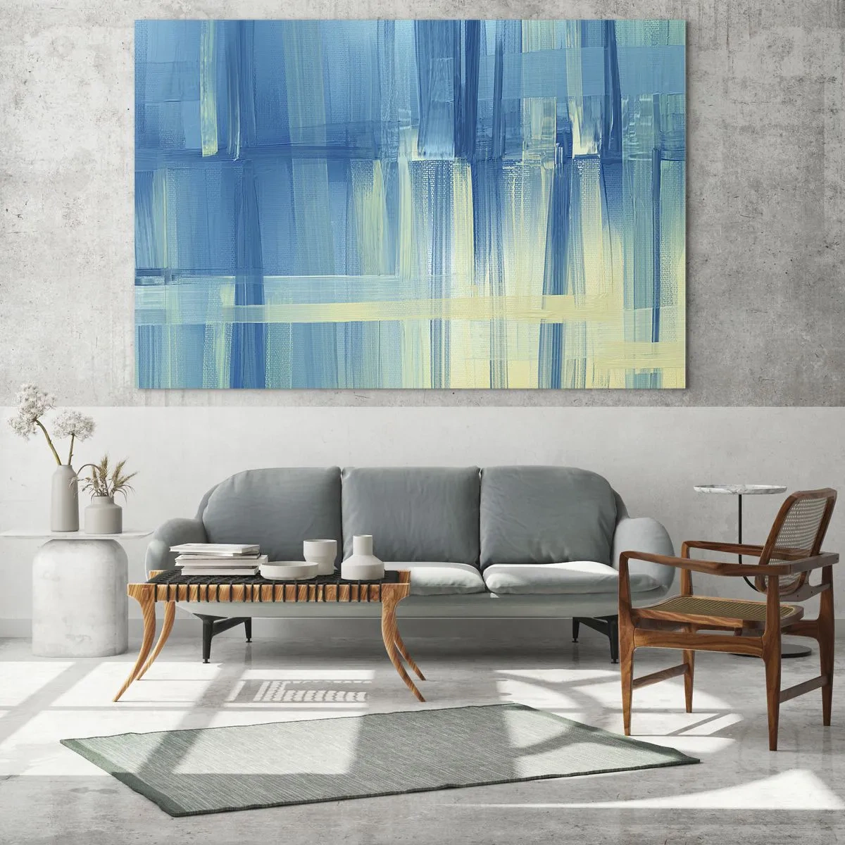 Glass picture - Abstract brushstrokes in turquoise and yellow - 70x50cm - Composition In Turquoise - Modern wall decoration for the living room and bedroom ARTTOR