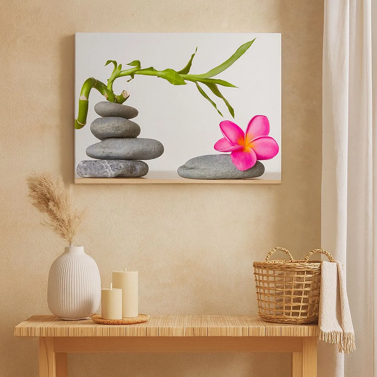 Canvas picture - Bamboo and pink flower on zen-style stones - 70x50cm - Colours of Life - Modern wall decoration for the living room and bedroom ARTTOR