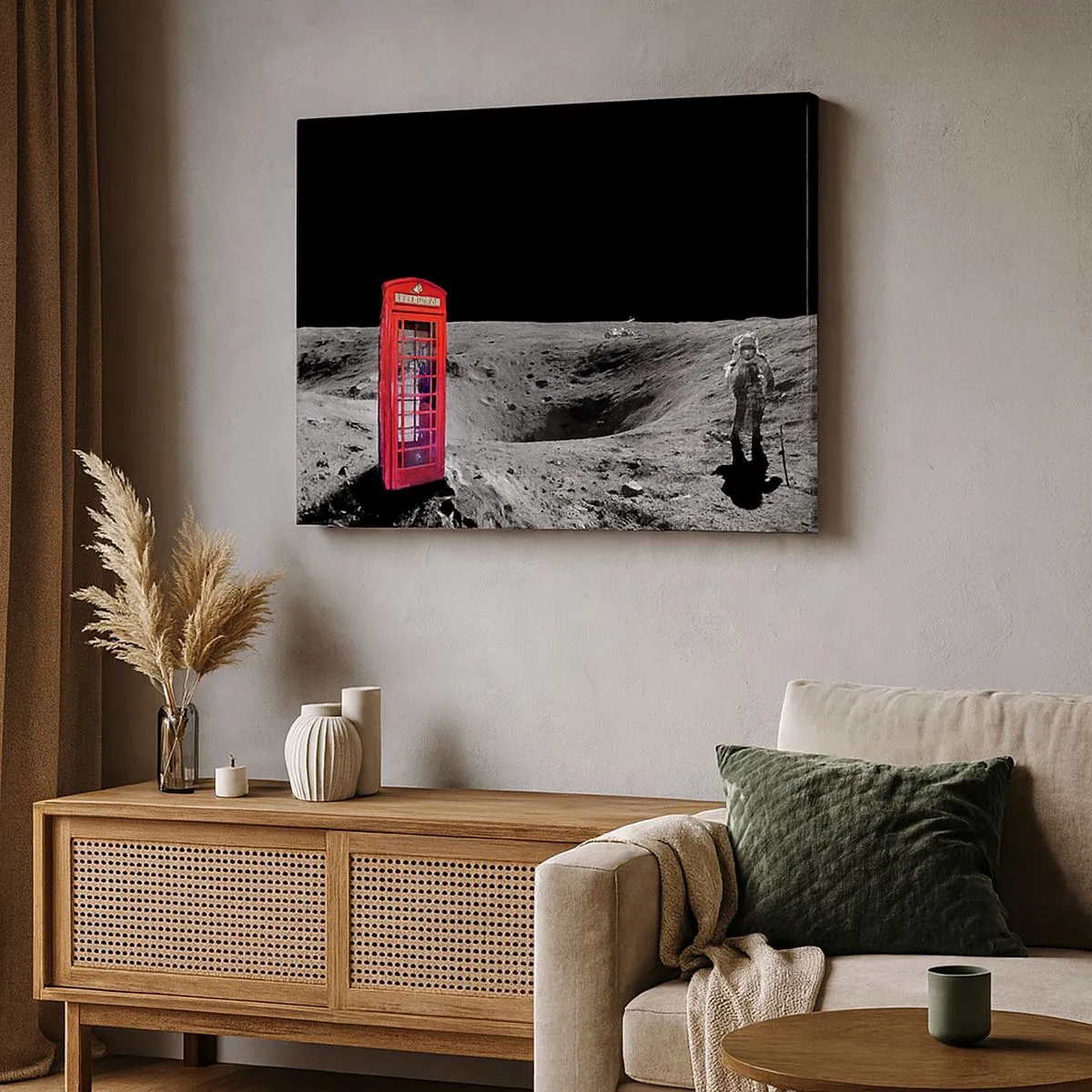 Canvas picture - Red telephone booth on the moon - 70x50cm - Space Joke - Modern wall decoration for the living room and bedroom ARTTOR