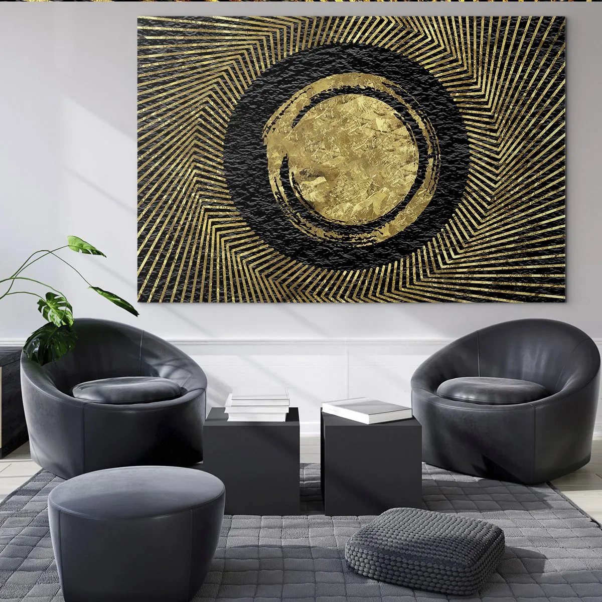 Glass picture - Golden circle with rays on a black background in a glamorous style - 70x50cm - Composition Glamour - Modern wall decoration for the living room and bedroom ARTTOR