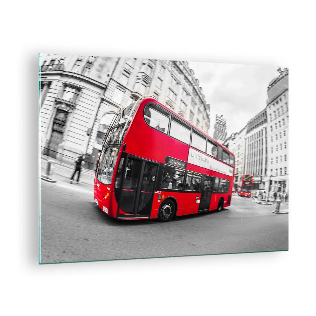 Glass picture - A red bus in motion against the backdrop of London streets - 70x50cm - Traditional London -By Bus - Modern wall decoration for the living room and bedroom ARTTOR