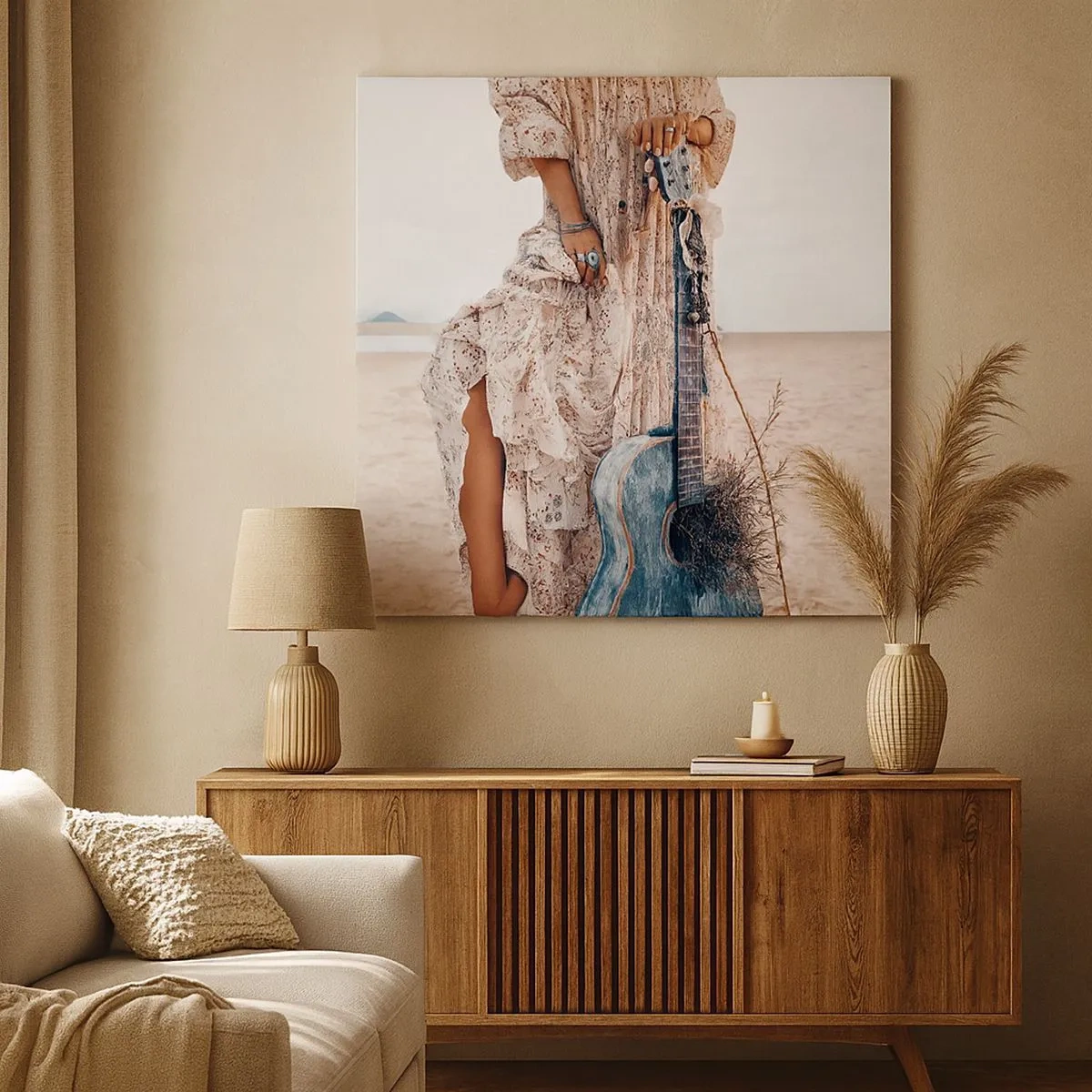 Canvas picture - Boho style woman with guitar on the beach - 70x50cm - Flower Chidlren on their Way - Modern wall decoration for the living room and bedroom ARTTOR