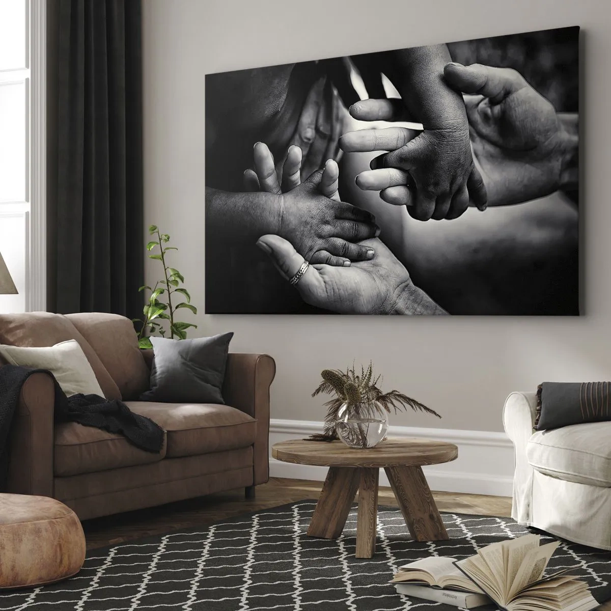 Canvas picture - Black and white hands of different generations - 70x50cm - To be a Man - Modern wall decoration for the living room and bedroom ARTTOR