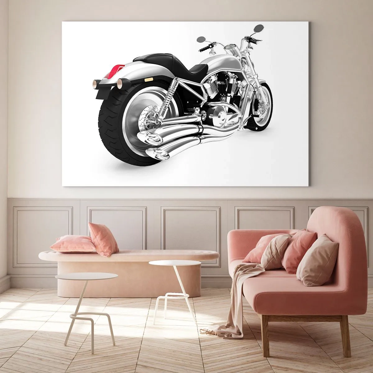 Glass picture - A chrome motorcycle in a modern style on a white background - 70x50cm - Collector's Dream - Modern wall decoration for the living room and bedroom ARTTOR
