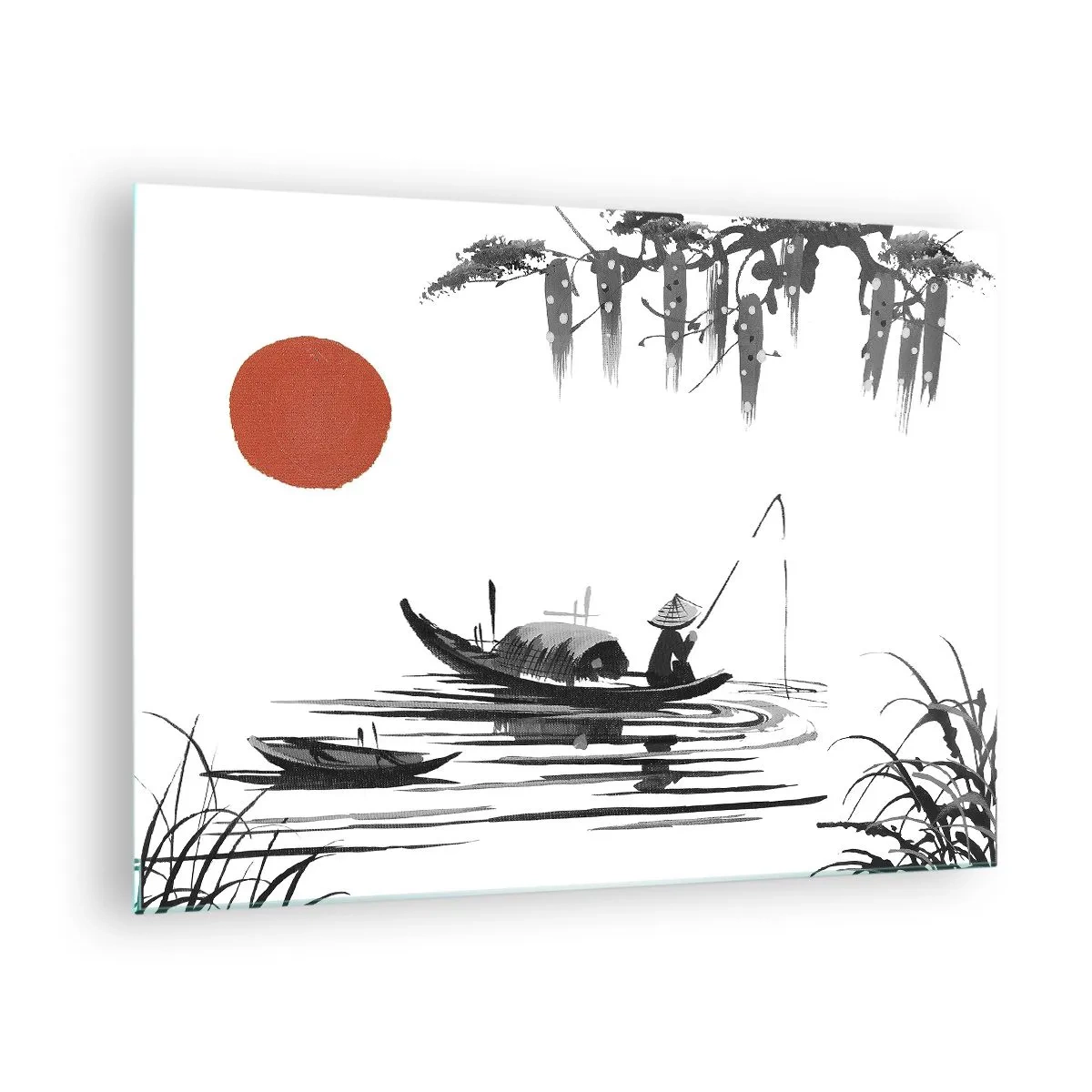 Glass picture - Traditional fishing boat on a river with a red sun - 70x50cm - Asian Afternoon - Modern wall decoration for the living room and bedroom ARTTOR