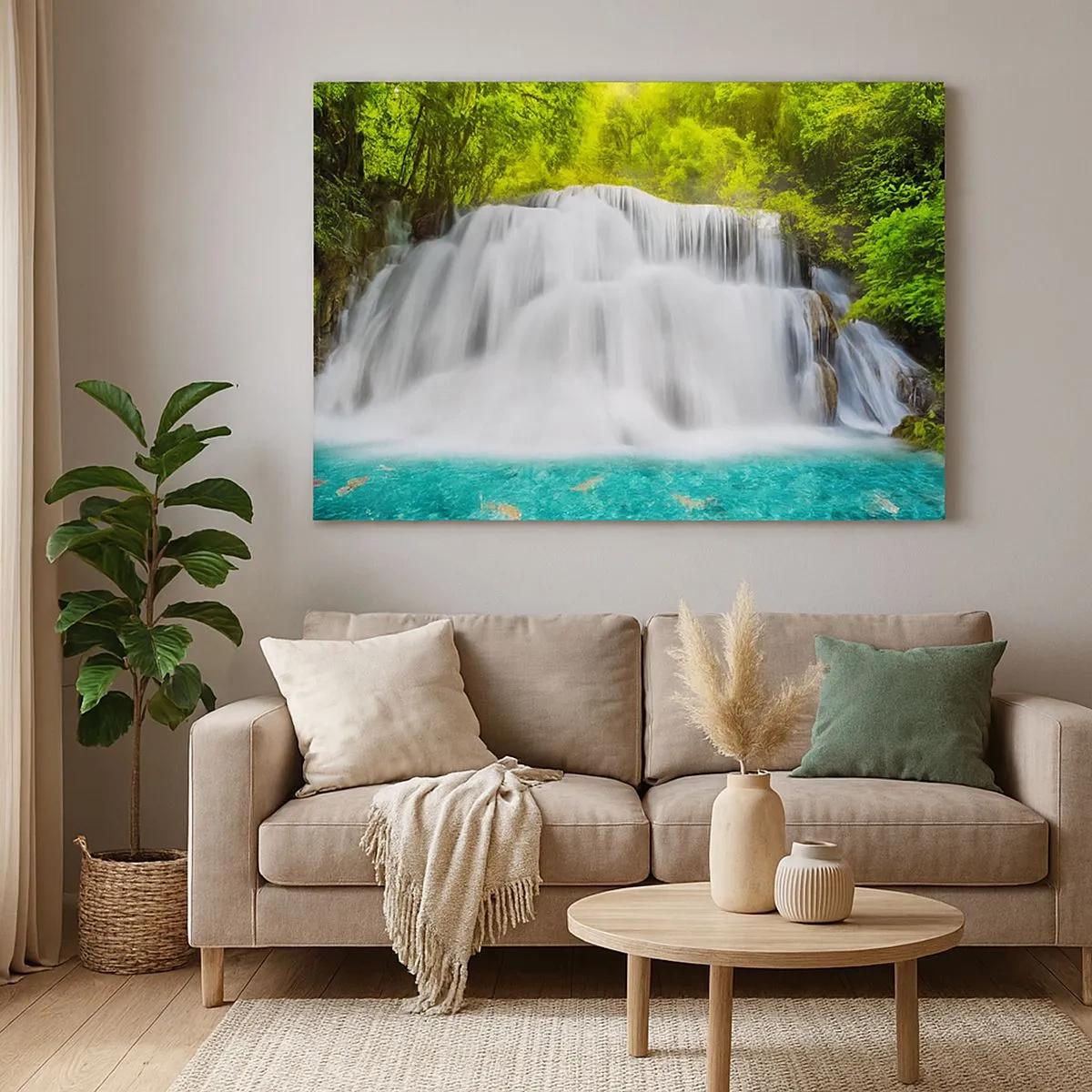 Canvas picture - A waterfall in a tropical forest with turquoise water - 70x50cm - Foamy Cascade from Green to Azure - Modern wall decoration for the living room and bedroom ARTTOR