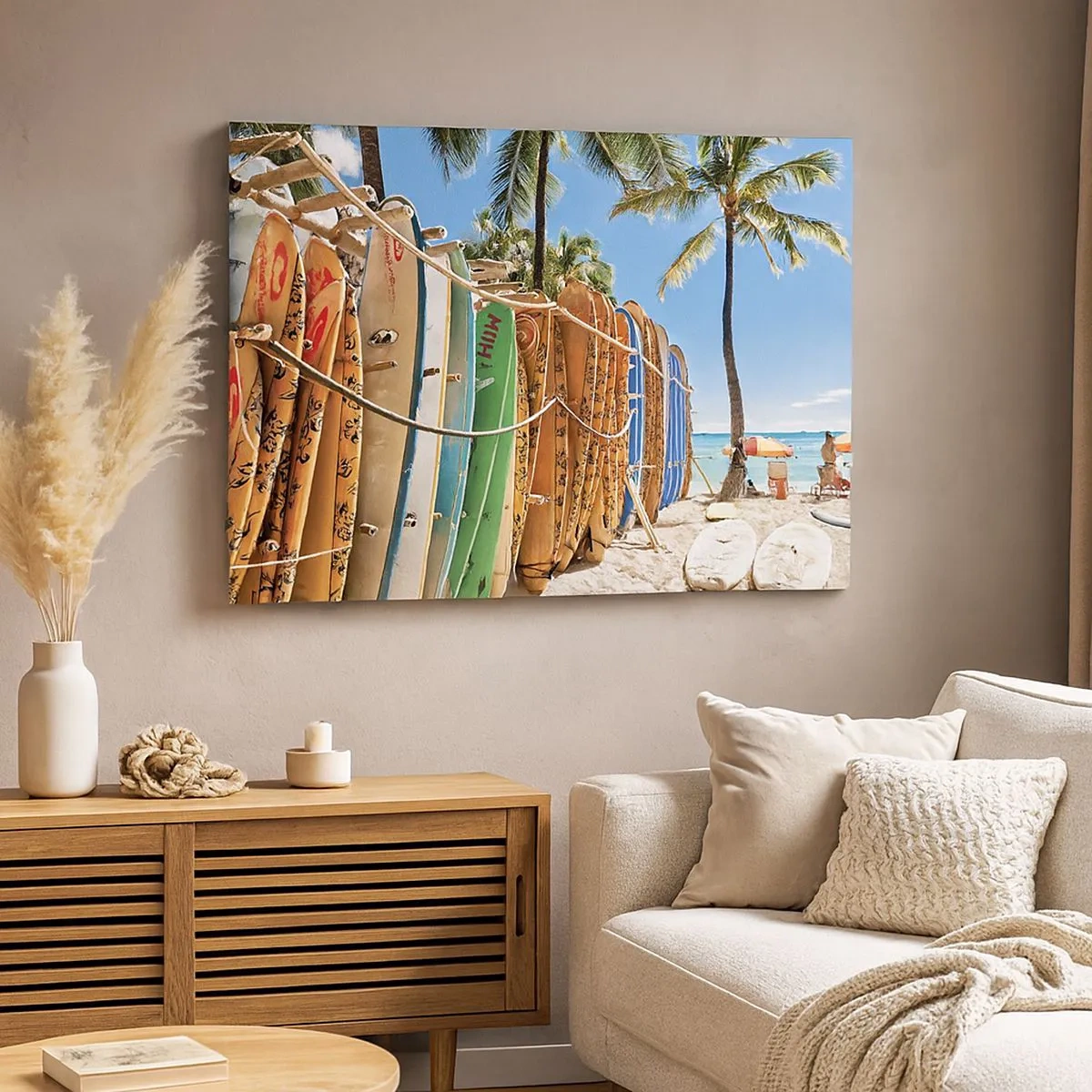 Canvas picture - Surfboards on a beach with palm trees - 70x50cm - Sunny Fun - Modern wall decoration for the living room and bedroom ARTTOR