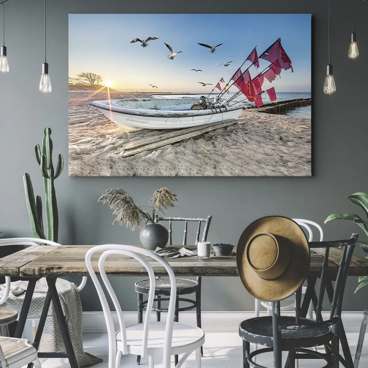 Canvas picture - A boat on the beach at dawn with seagulls and red flags - 70x50cm - Deserved Rest - Modern wall decoration for the living room and bedroom ARTTOR