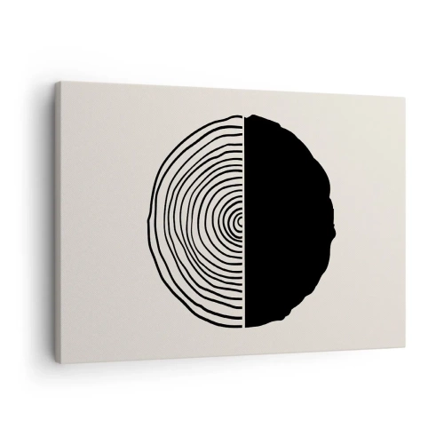 Canvas picture - An abstract black and white motif inspired by a cross-section of wood with a geometric division. - 70x50cm - Half-half - Modern wall decoration for the living room and bedroom ARTTOR