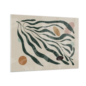 Glass picture - Organic shapes in green on a beige background - 70x50cm - Among the Green - Modern wall decoration for the living room and bedroom ARTTOR