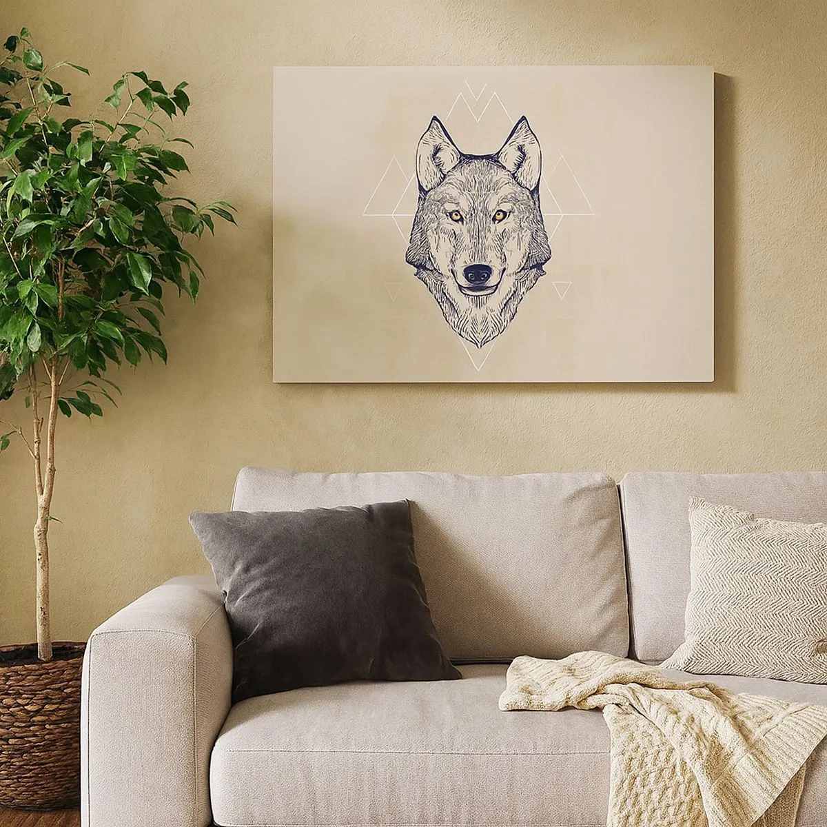 Canvas picture - A geometric wolf on a light background with minimalist patterns. - 70x50cm - Alpha with a Piercing Eyes - Modern wall decoration for the living room and bedroom ARTTOR