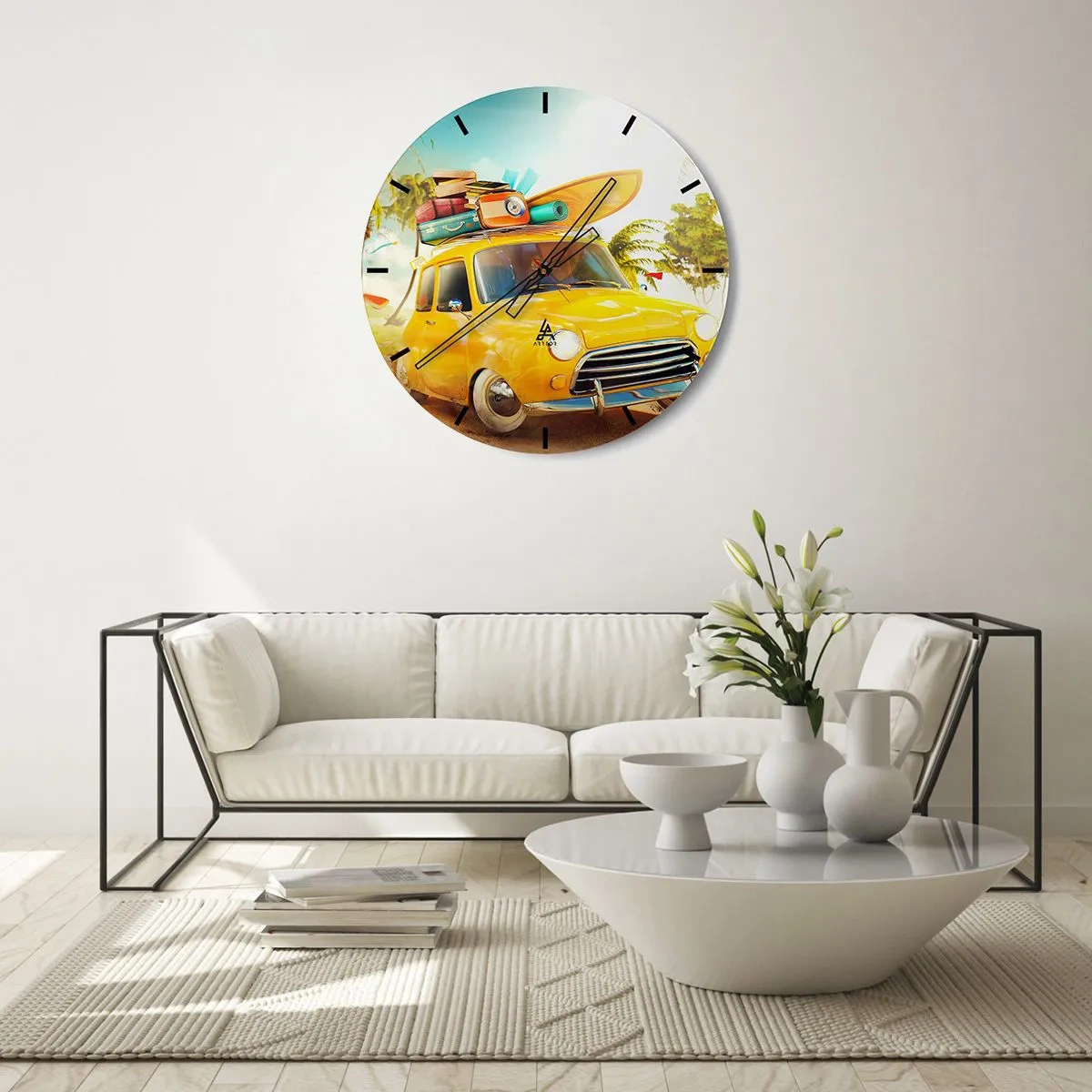Wall clock - Clock on glass - A yellow car with luggage and a surfboard - 30x30cm - Happy Travels - Modern wall decoration for the living room, kitchen, and bedroom ARTTOR