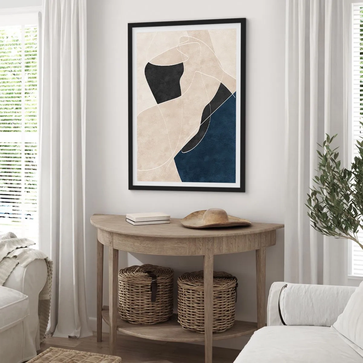 Poster in black frame - Geometric abstraction in shades of beige, black and navy blue - 50x70cm - Abstract Composition - Contrast of Colours - Modern wall decoration for the living room and bedroom ARTTOR
