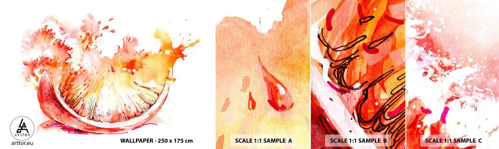 Photo Wallpaper Sample Standard Eco - Juicy Refreshment - Abstraction, Orange, Graphics - 100x30 cm