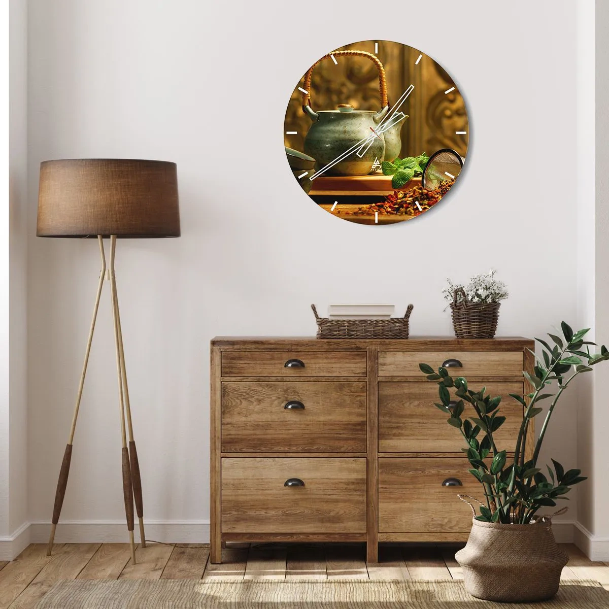 Wall clock - Clock on glass - Green tea pot with fresh mint leaves - 30x30cm - Treaty about Drinking Tea - Modern wall decoration for the living room, kitchen, and bedroom ARTTOR