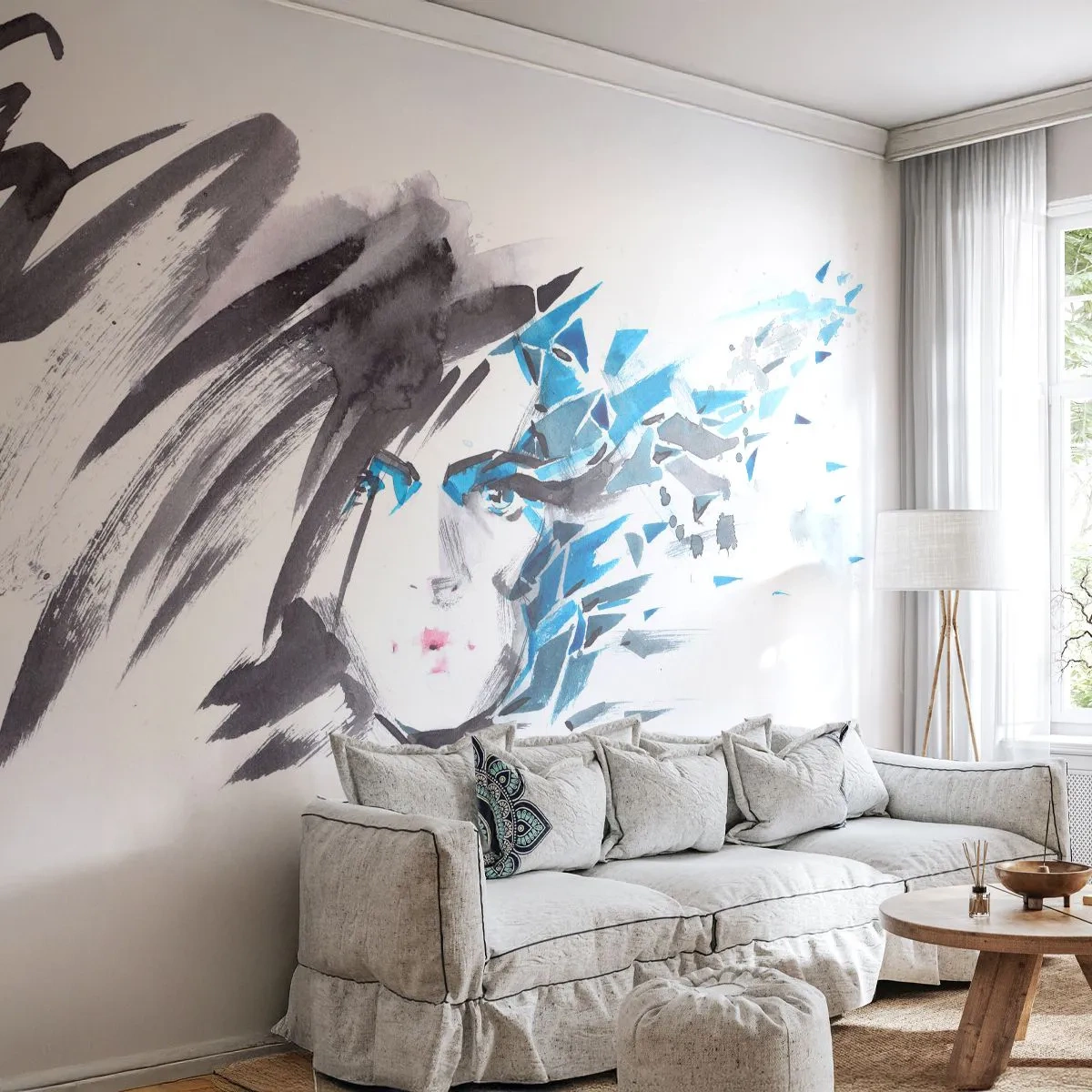 Photo Wallpaper Standard Eco - Sensual Portrait in Grey and Blue - Woman, Woman's Face, Abstraction - 500x350 cm