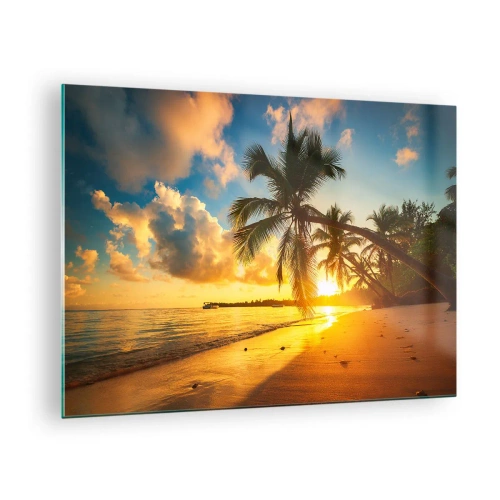 Glass picture - Tropical beach with palm trees at sunset - 70x50cm - Caribbean Dream - Modern wall decoration for the living room and bedroom ARTTOR
