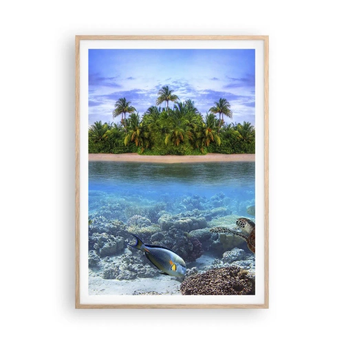 Poster in light oak frame - Heavenly Island Invites You - 70x100 cm
