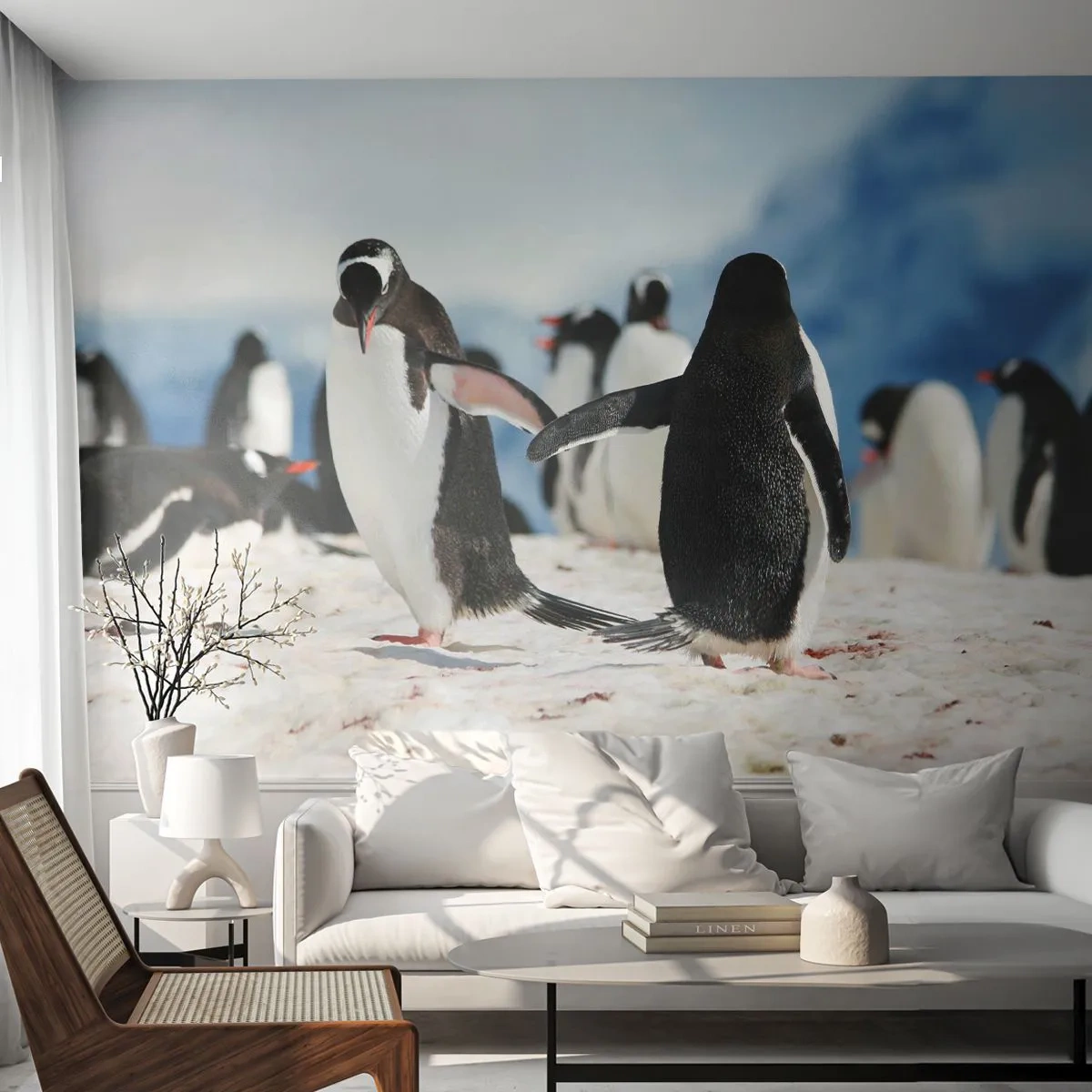 Photo Wallpaper Premium Canvas - Dance in the Snow - Penguin, Antarctica, Landscape - 350x256 cm