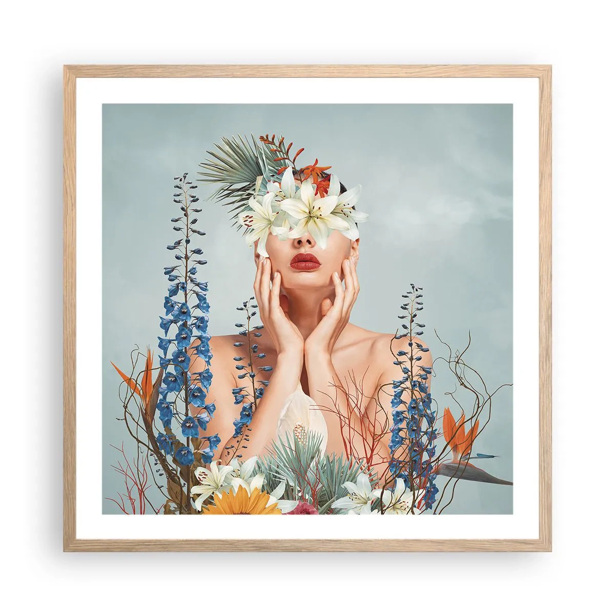 Poster in light oak frame - Woman – Flower - 60x60 cm