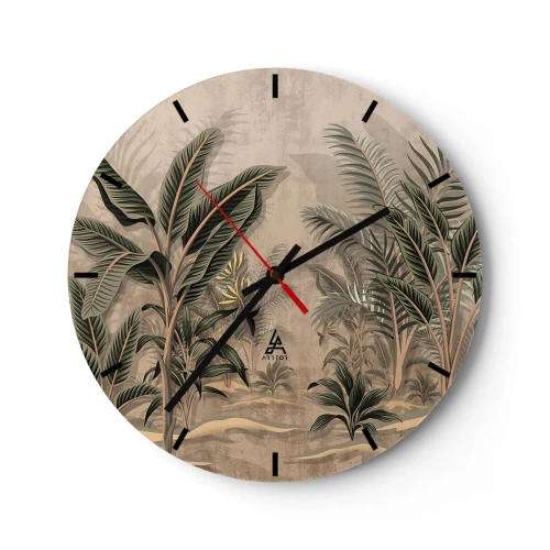 Wall clock - Clock on glass - Tropical vegetation in the style of an engraving on a beige background - 30x30cm - Engraving in Colonial Style - Modern wall decoration for the living room, kitchen, and bedroom ARTTOR
