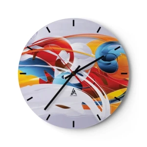 Wall clock - Clock on glass - Abstract shapes in dynamic red, blue and yellow colors - 30x30cm - Dance of Elements - Modern wall decoration for the living room, kitchen, and bedroom ARTTOR