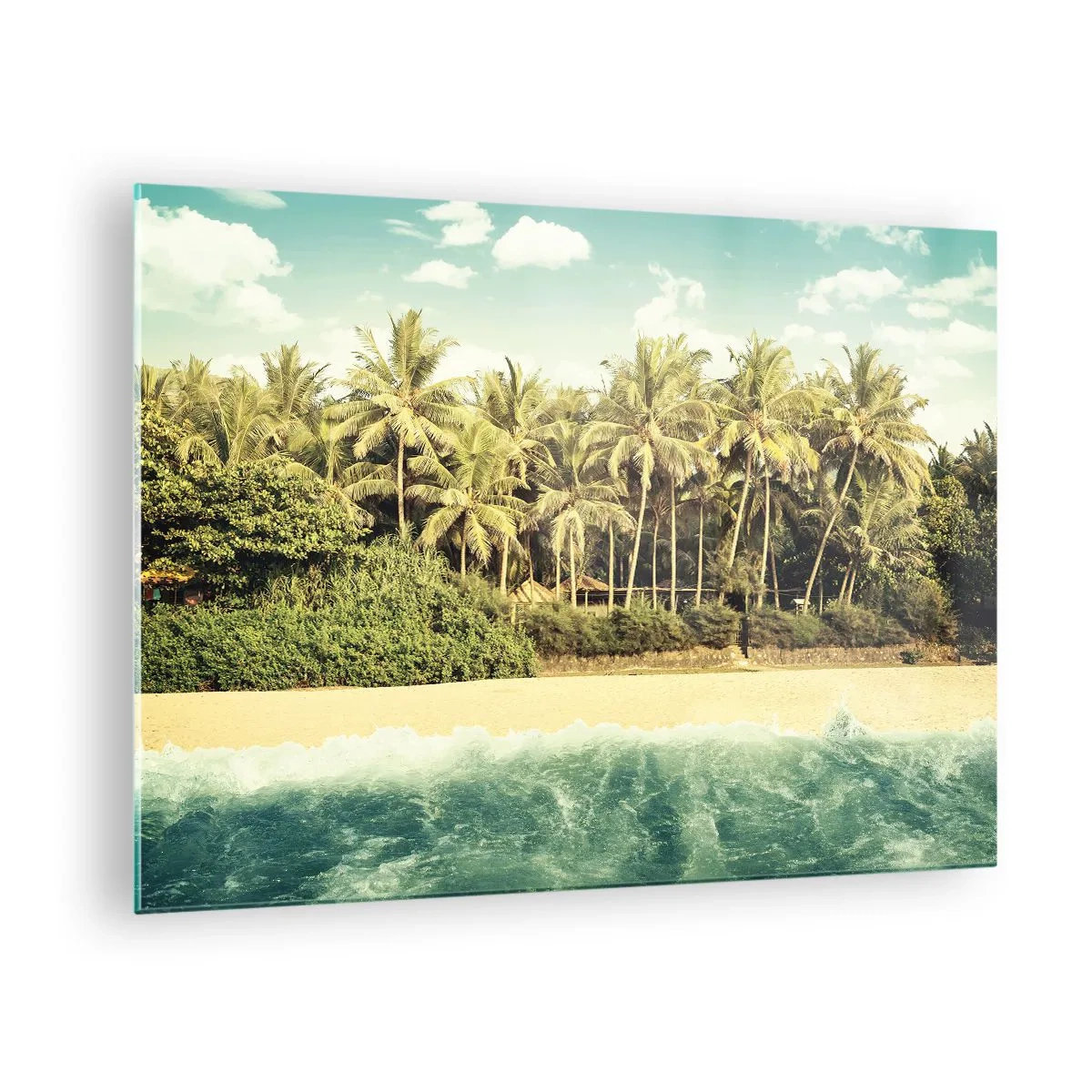 Glass picture - An exotic beach with palm trees and a turquoise sea on a sunny day - 70x50cm - How about Here? - Modern wall decoration for the living room and bedroom ARTTOR