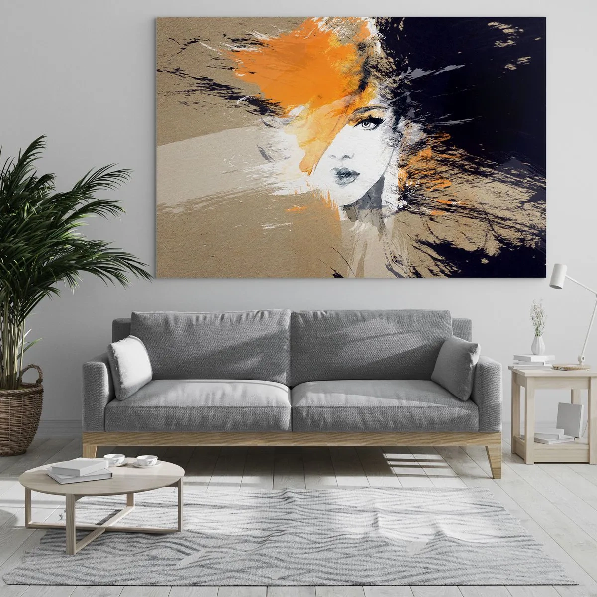 Glass picture - Abstract portrait of a woman with orange accents - 70x50cm - And There Was Light - Modern wall decoration for the living room and bedroom ARTTOR