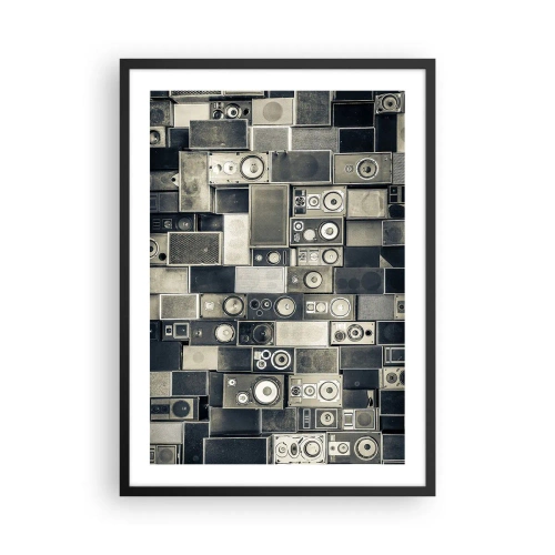 Poster in black frame - Collage of speakers in shades of gray - 50x70cm - And Music Is Playing - Modern wall decoration for the living room and bedroom ARTTOR