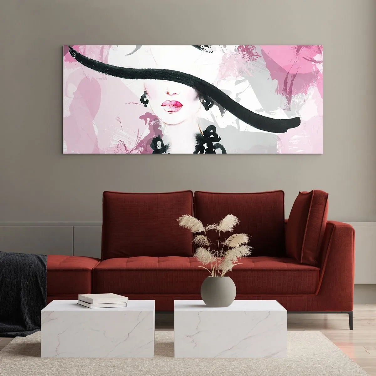 Glass picture - Portrait of a Lady in Black and Pink - 90x30 cm