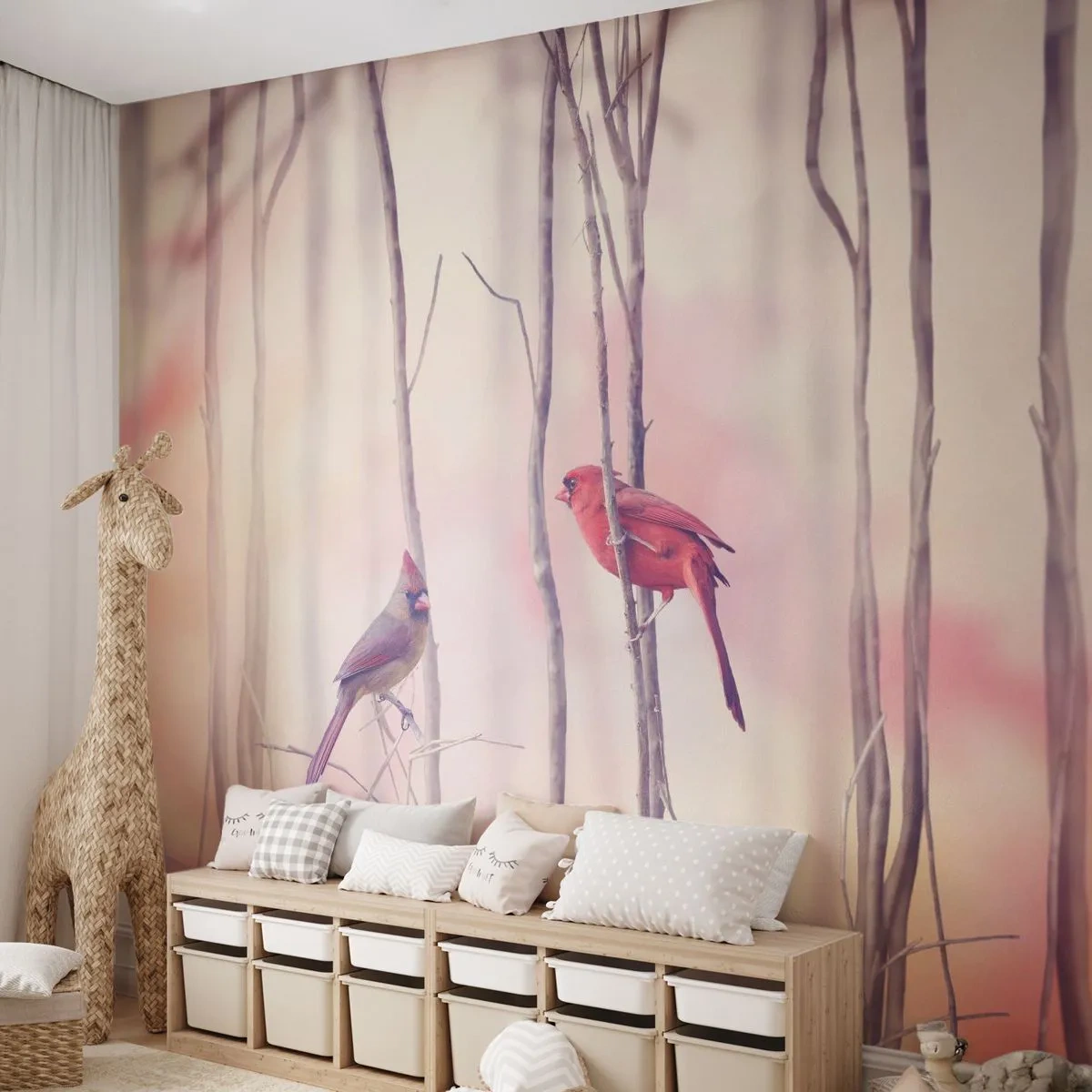 Photo Wallpaper Premium Sand - Tale of a Pink Forest - Bird, Nature, Forest - 100x70 cm