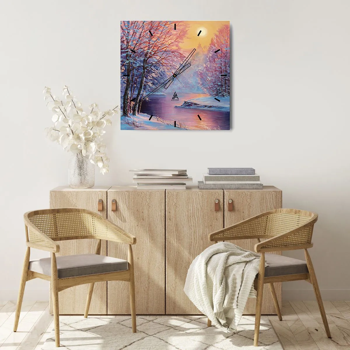 Wall clock - Clock on glass - Colours of Winter - 40x40 cm