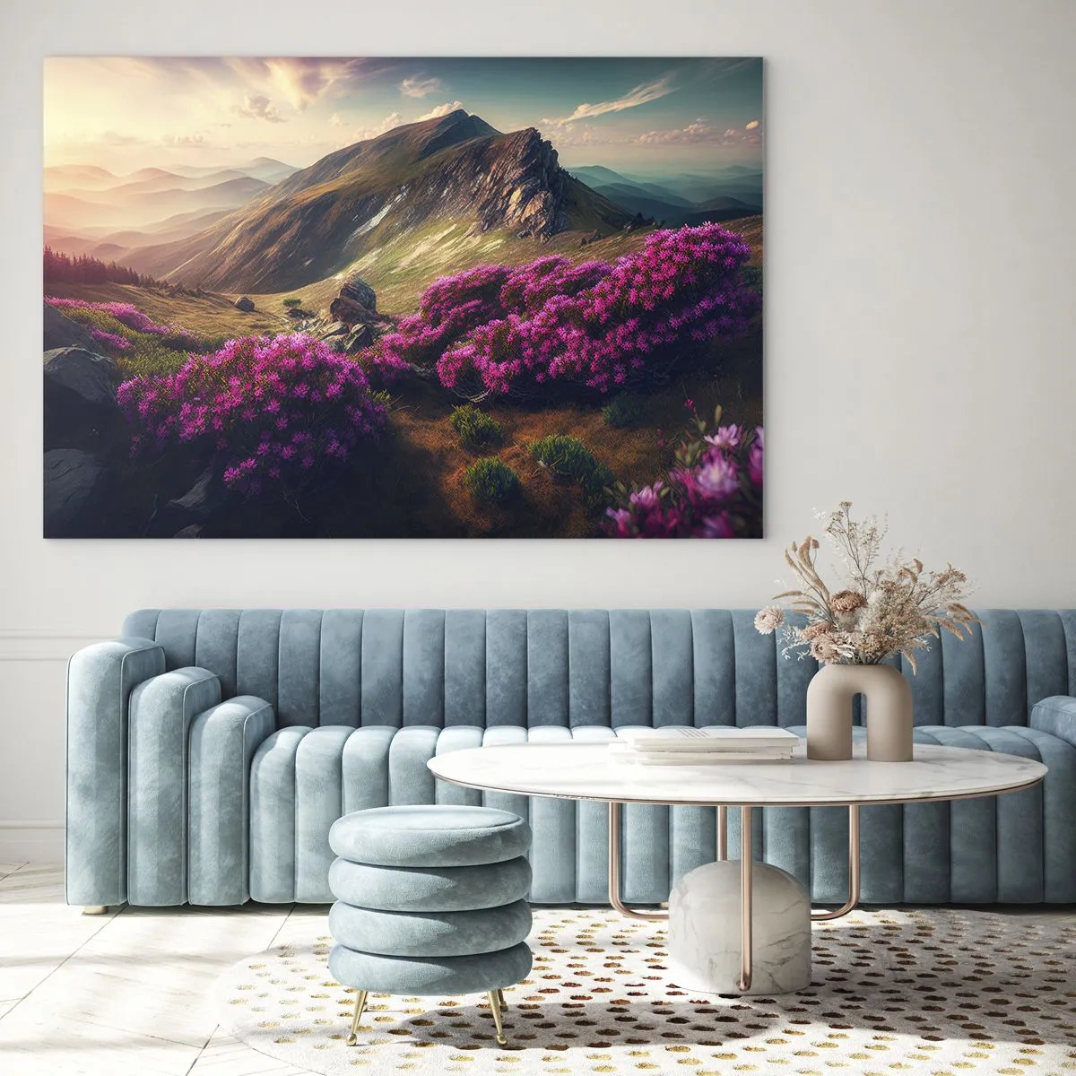 Glass picture - Summer mountain landscape with blooming pink heather - 70x50cm - Summer in the Mountains - Modern wall decoration for the living room and bedroom ARTTOR