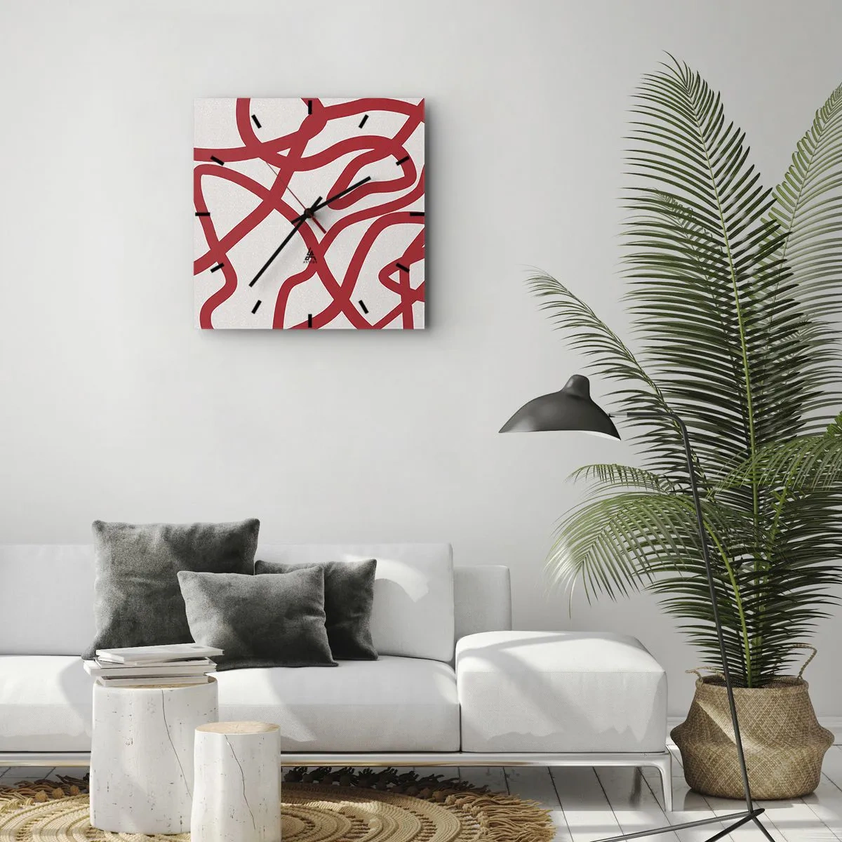 Wall clock - Clock on glass - Red on White - 40x40 cm
