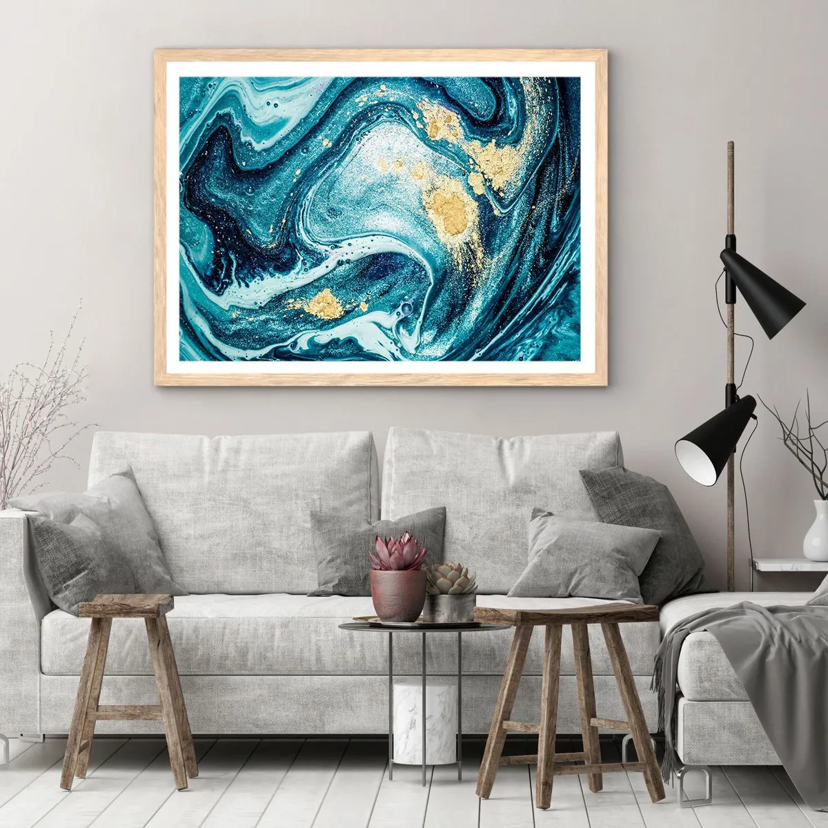Poster in light oak frame - Blue Whirl - 70x50 cm
