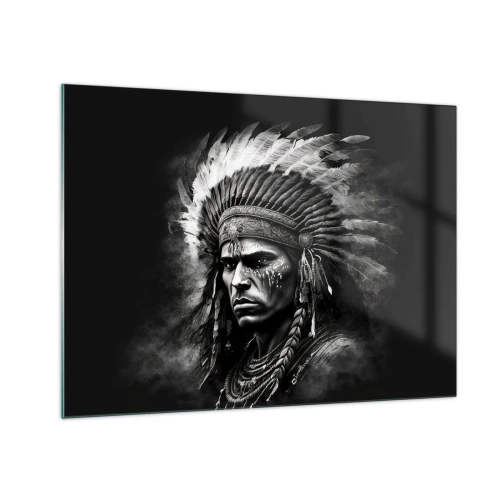 Glass picture - Black and white portrait of a warrior with a feathered headdress - 70x50cm - Chief and Warrior - Modern wall decoration for the living room and bedroom ARTTOR