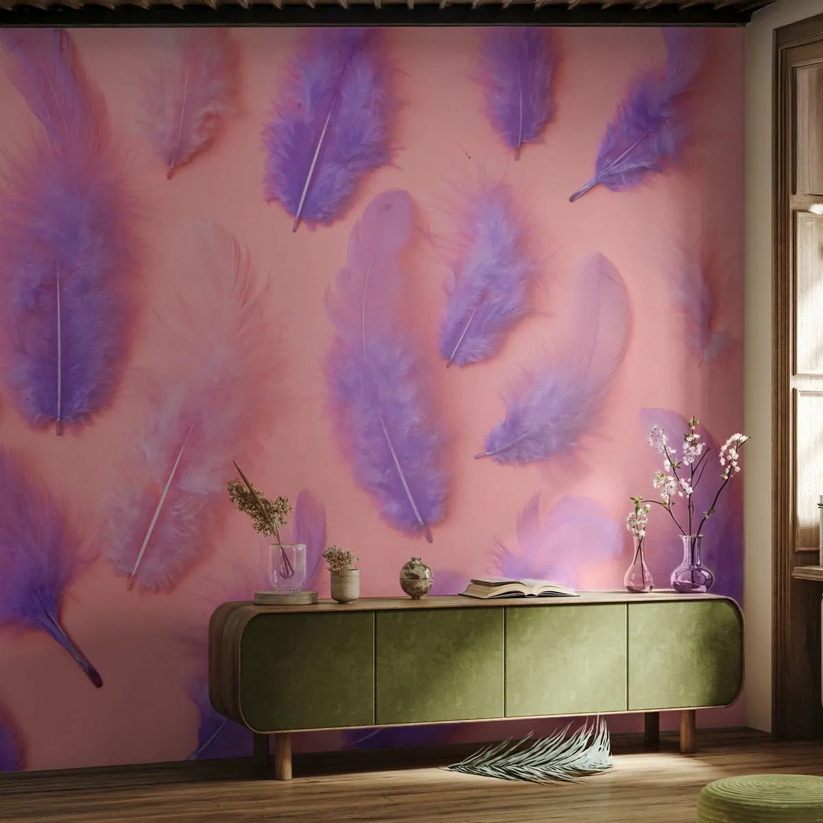 Photo Wallpaper Standard Eco - Purple feathers on a pastel pink background - 100x70cm - Lilac Bird of Desire - Modern wall decoration for the living room and bedroom ARTTOR