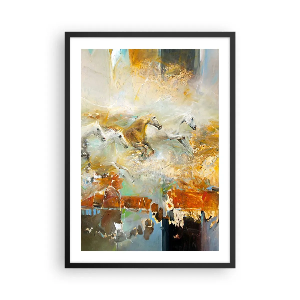 Poster in black frame - Galloping horses in an abstract setting - 50x70cm - Gallopping through the World - Modern wall decoration for the living room and bedroom ARTTOR