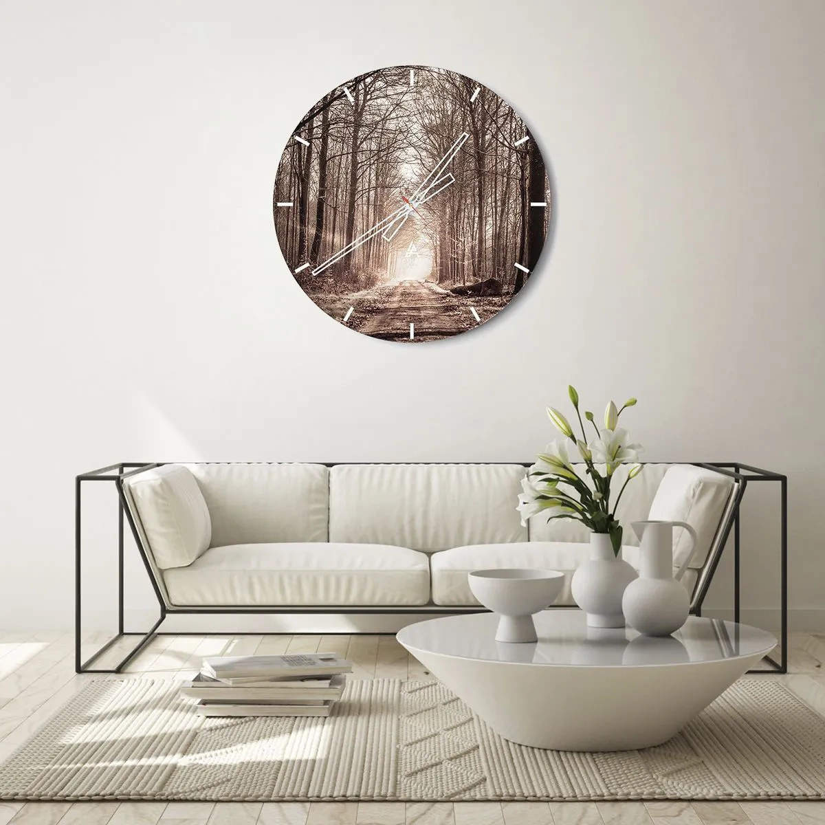 Wall clock - Clock on glass - An avenue of trees in an autumn scenery with a perspective into the depths - 30x30cm - Cathedral of the Forest - Modern wall decoration for the living room, kitchen, and bedroom ARTTOR