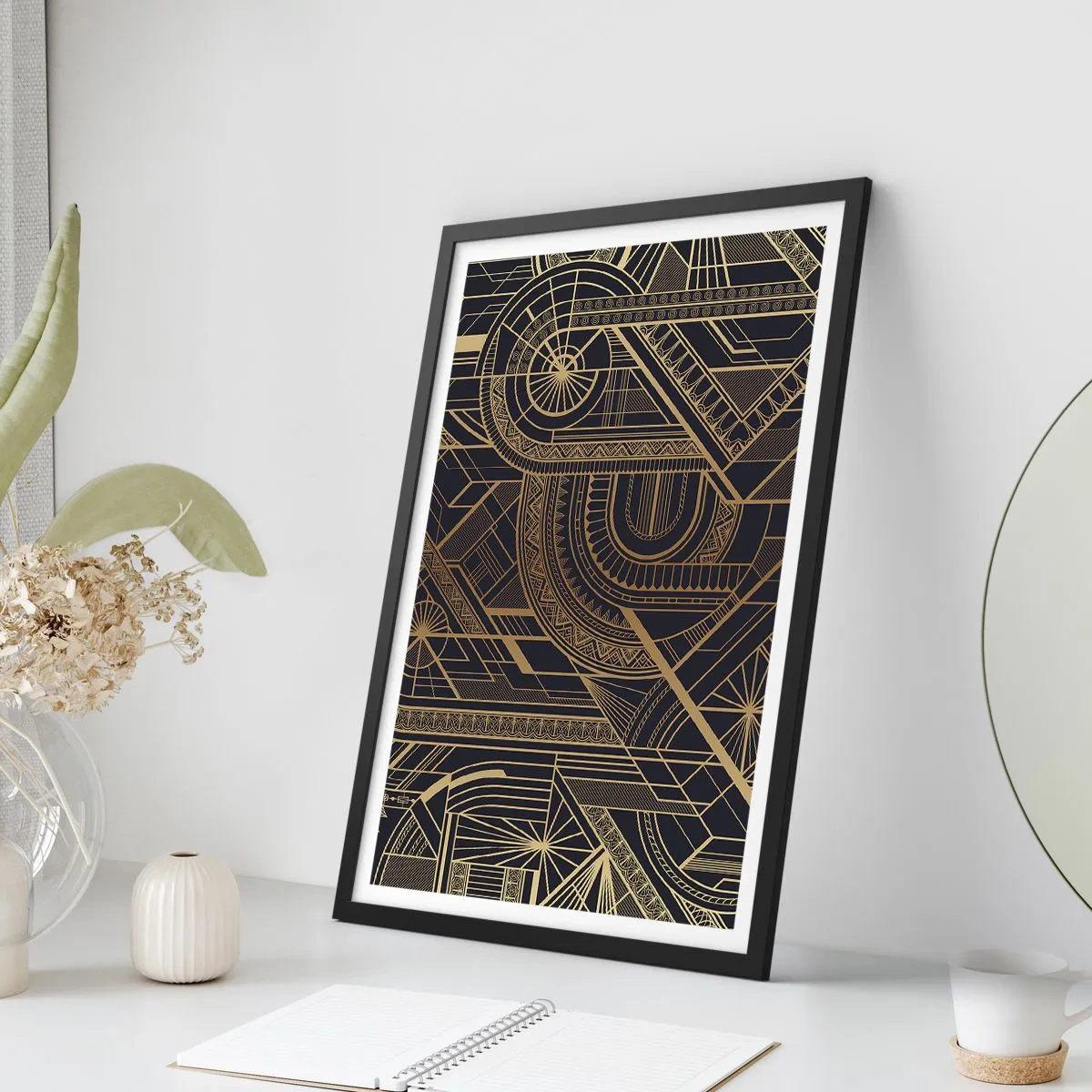 Poster in black frame - Geometric pattern in golden shades on a black background - 50x70cm - Concepts, Ideas, Plans - Modern wall decoration for the living room and bedroom ARTTOR