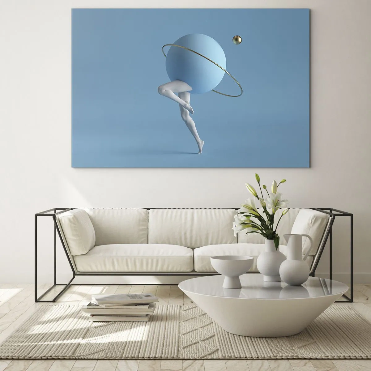 Glass picture - A minimalist composition of a planet with human legs on blue. - 70x50cm - And Planets Are Going Crazy - Modern wall decoration for the living room and bedroom ARTTOR