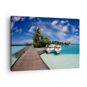 Canvas picture - A jetty over a turquoise sea with boats and palm trees - 70x50cm - So Paradise Exists - Modern wall decoration for the living room and bedroom ARTTOR