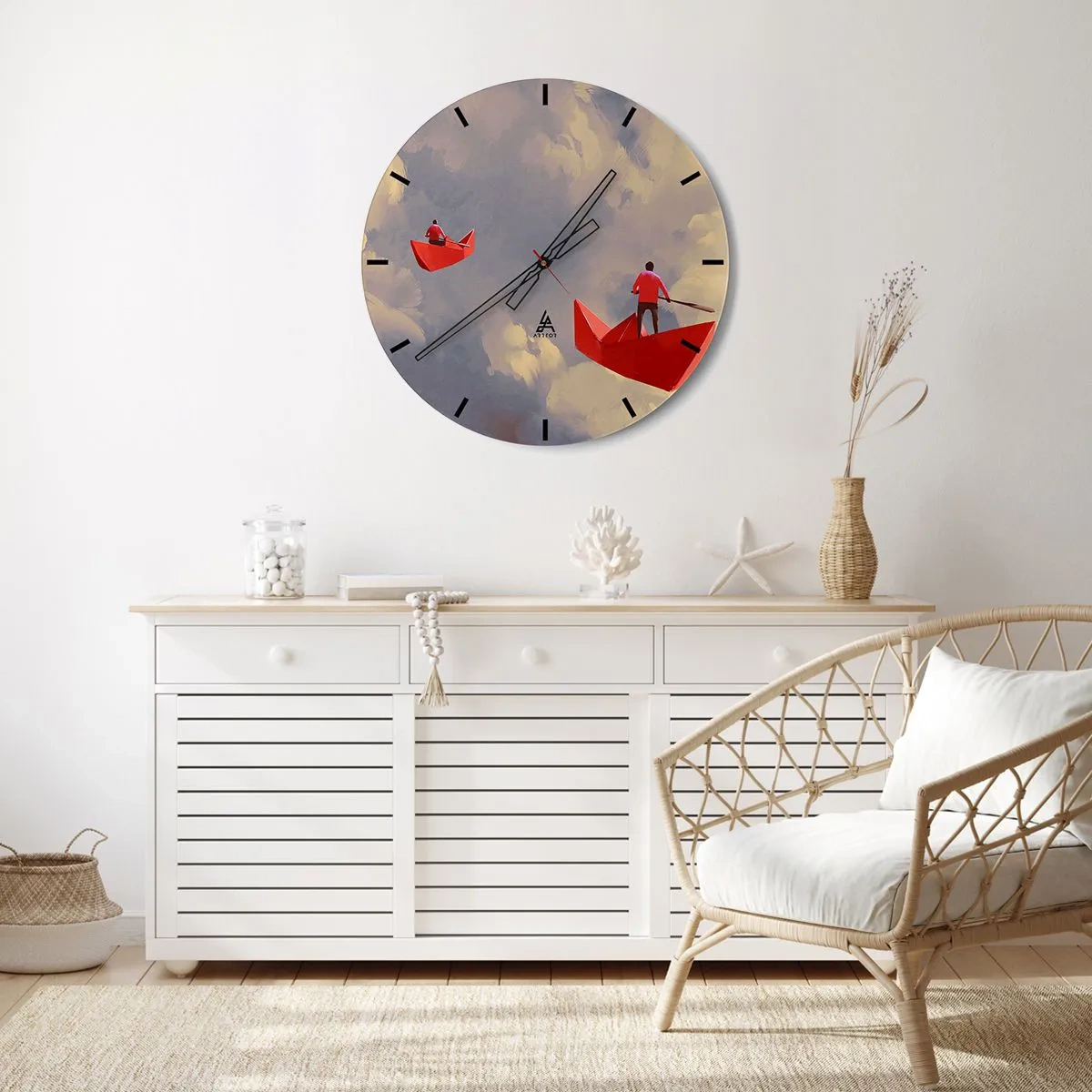 Wall clock - Clock on glass - Two red boats against a cloudy sky - 30x30cm - Dream Trip - Modern wall decoration for the living room, kitchen, and bedroom ARTTOR