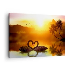 Canvas picture - Two black swans forming a heart against the backdrop of a lake sunset - 70x50cm - Paired up - Modern wall decoration for the living room and bedroom ARTTOR