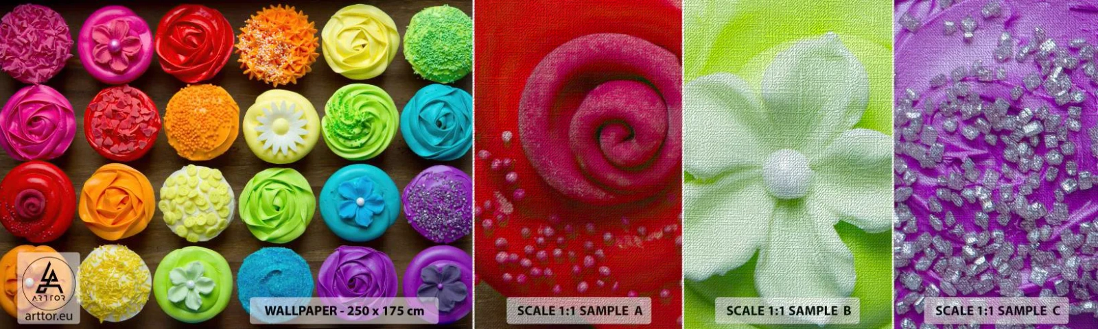 Photo Wallpaper Sample Premium Canvas - All Different - All Delicious - Gastronomy, colourful cookies, 3D - 100x30 cm